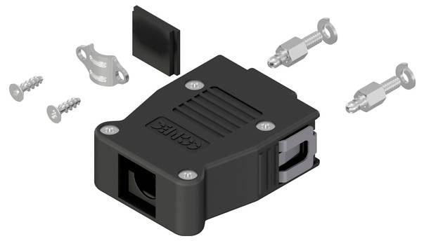'Schéma d'assemblage d'un capot de connecteur D-Sub noir avec vis, clip et petite plaque. Les composants sont montrés démontés pour plus de clarté.'