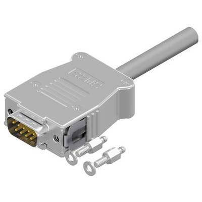 Un connecteur D-sub argenté avec un câble et deux vis, utilisé pour les connexions informatiques ou électroniques.