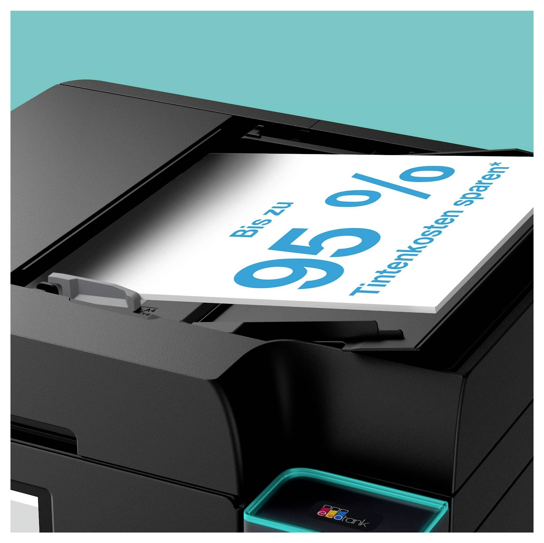 Une imprimante noire avec un papier affichant « Économisez jusqu'à 95 % sur les coûts d'encre » en caractères gras.