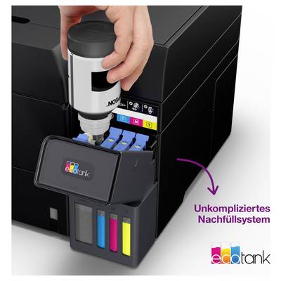 Une main remplissant un réservoir d'encre noir dans une imprimante. Réservoirs d'encre étiquetés pour noir, cyan, magenta, jaune. Le texte indique « Système de remplissage simple ».