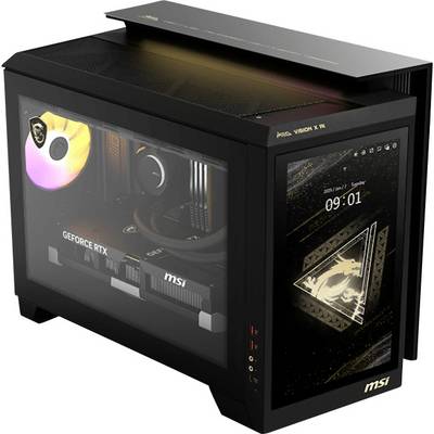 Une tour d'ordinateur de jeu haut de gamme avec une carte graphique GeForce RTX visible et un écran numérique intégré affichant l'heure '09:01'.
