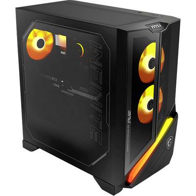 Une tour PC gaming MSI noire avec des ventilateurs à LED orange et un panneau latéral en verre trempé mettant en valeur les composants internes.