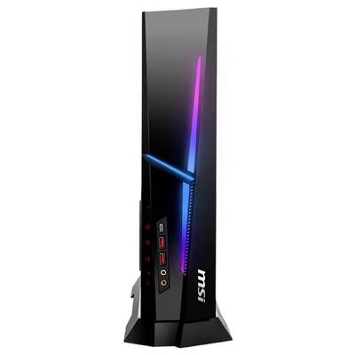 Un boîtier de bureau de jeu MSI élégant et vertical, doté d'un éclairage RVB et de plusieurs ports en façade, comprenant des ports USB et des prises audio.