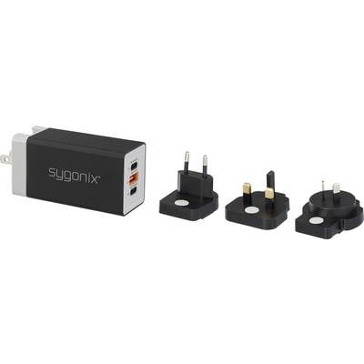 Un chargeur USB noir et argenté avec trois adaptateurs de prise différents pour les prises européennes, britanniques et australiennes.