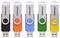 Cinq clés USB en noir, orange, bleu, vert et jaune, chacune avec un couvercle pivotant argenté portant l'inscription « Intenso ».