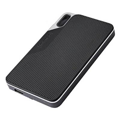 Un disque dur externe portable noir avec une surface texturée, la marque 'Intenso' visible.