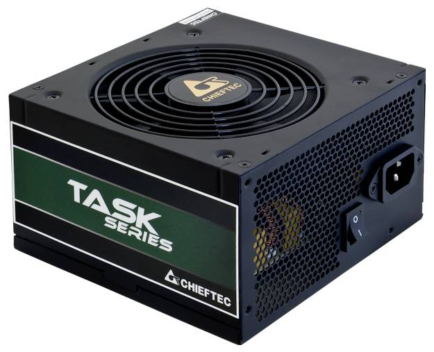 Bloc d'alimentation de la série Chieftec TASK avec ventilateur de refroidissement, interrupteur marche/arrêt et port de câblage visible.