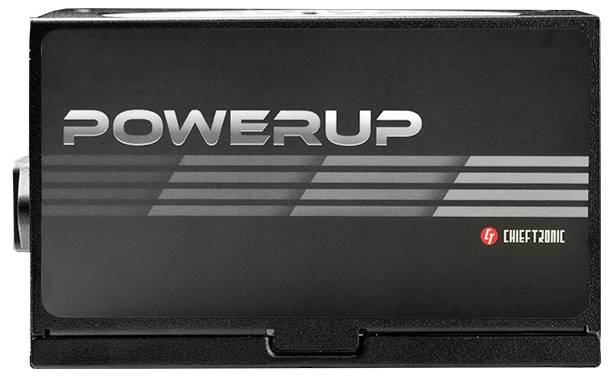 Un boîtier rectangulaire noir avec l'étiquette 'POWERUP' en argent et le logo 'Chieftronic' sur le côté droit. Semble être un appareil lié à l'alimentation électrique.