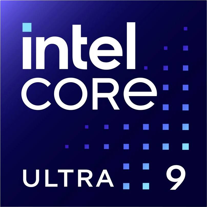 Logo d'Intel Core Ultra 9 sur un fond bleu foncé avec des carrés bleu clair en cascade.
