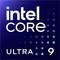 Logo d'Intel Core Ultra 9 sur un fond bleu foncé avec des carrés bleu clair en cascade.