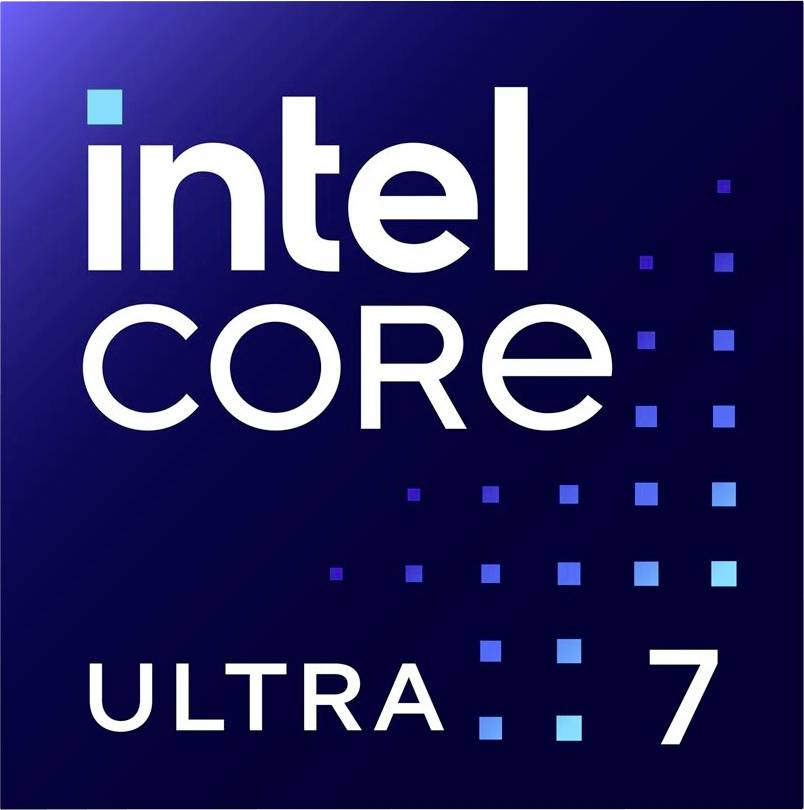 Logo « Intel Core Ultra 7 » sur un fond bleu foncé avec un dégradé et des éléments de design pixellisés.