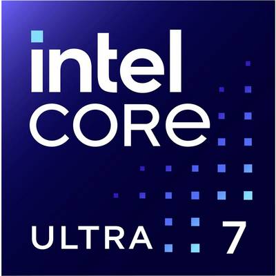 Logo « Intel Core Ultra 7 » sur un fond bleu foncé avec un dégradé et des éléments de design pixellisés.