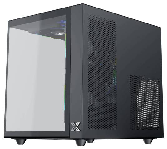 Un boîtier PC noir en forme de cube avec un panneau latéral transparent mettant en valeur l'éclairage intérieur et les composants de ventilation.