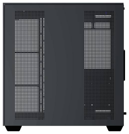 Un boîtier d'ordinateur noir avec des panneaux latéraux perforés pour la ventilation, laissant partiellement apparaître les composants internes à travers le maillage.