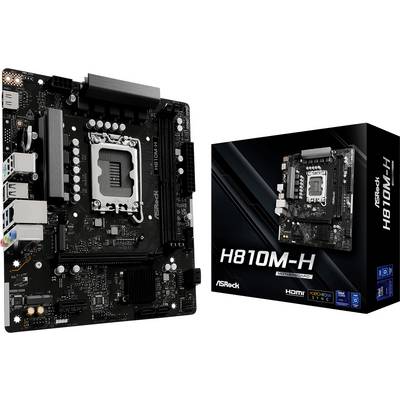 Carte mère modèle ASRock H810M-H présentée avec son emballage. La carte mère affiche différents ports et emplacements, indiquant ses caractéristiques de connectivité. L'emballage met en évidence le nom du modèle et la marque.