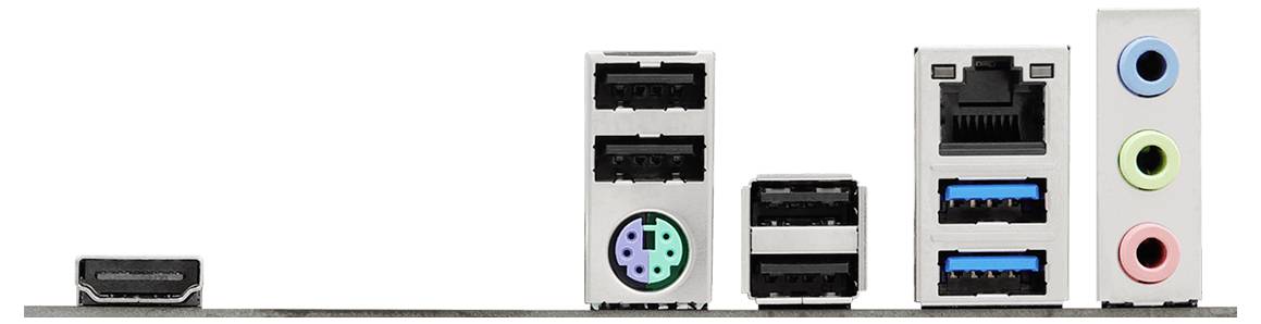 L'image montre les ports du panneau arrière d'une carte mère d'ordinateur, comprenant des ports HDMI, USB, PS/2, Ethernet et des connecteurs audio de différentes couleurs.