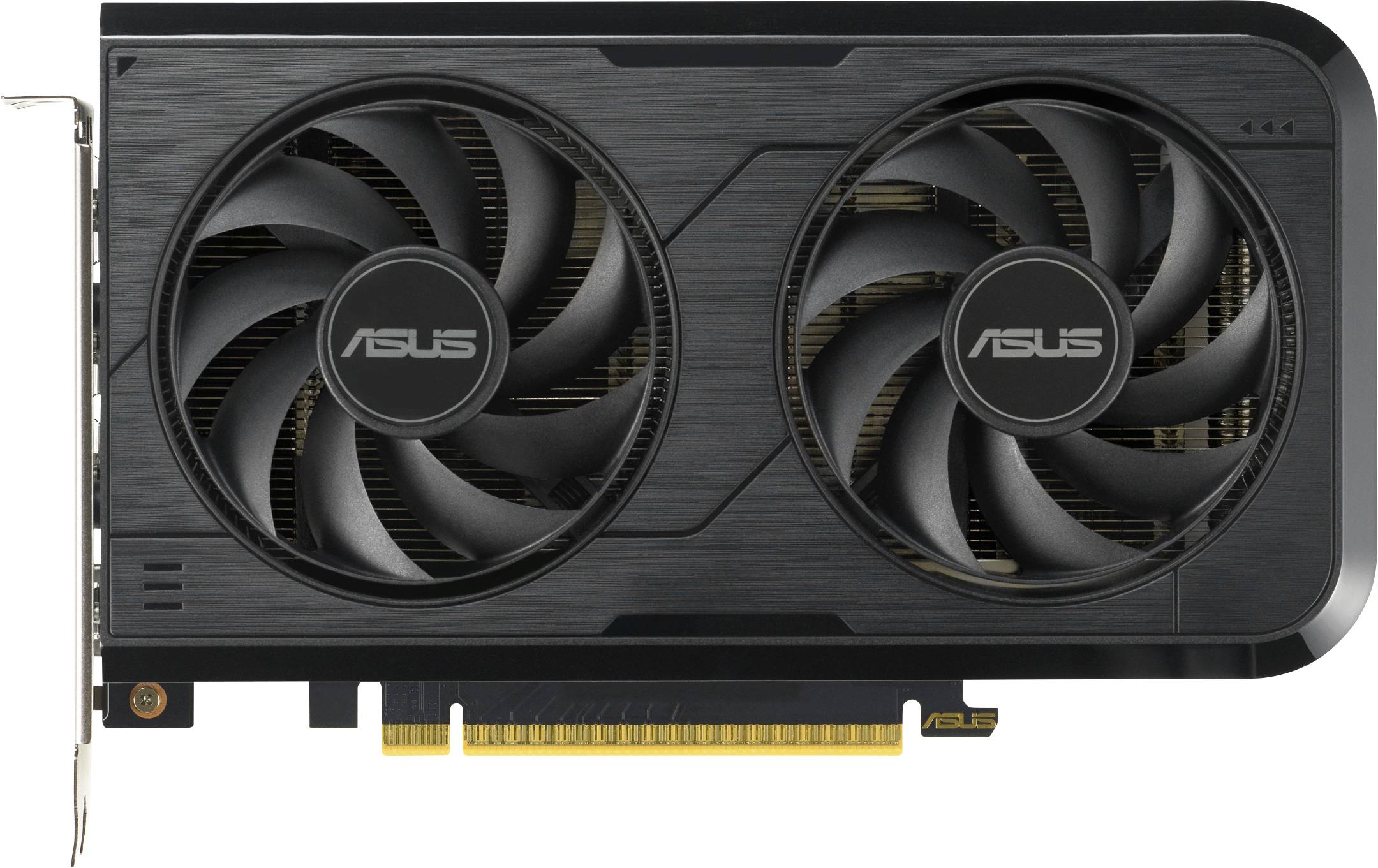 Une carte graphique noire ASUS avec deux grands ventilateurs de refroidissement, conçue pour une dissipation thermique efficace dans les systèmes informatiques haute performance.