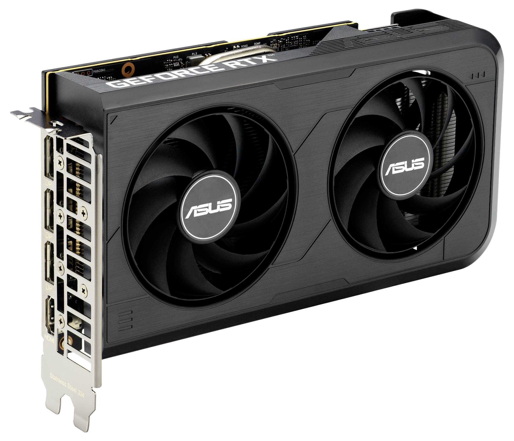 Une carte graphique avec deux ventilateurs de refroidissement, étiquetée « ASUS GeForce RTX », présentant plusieurs ports d'affichage sur le côté.