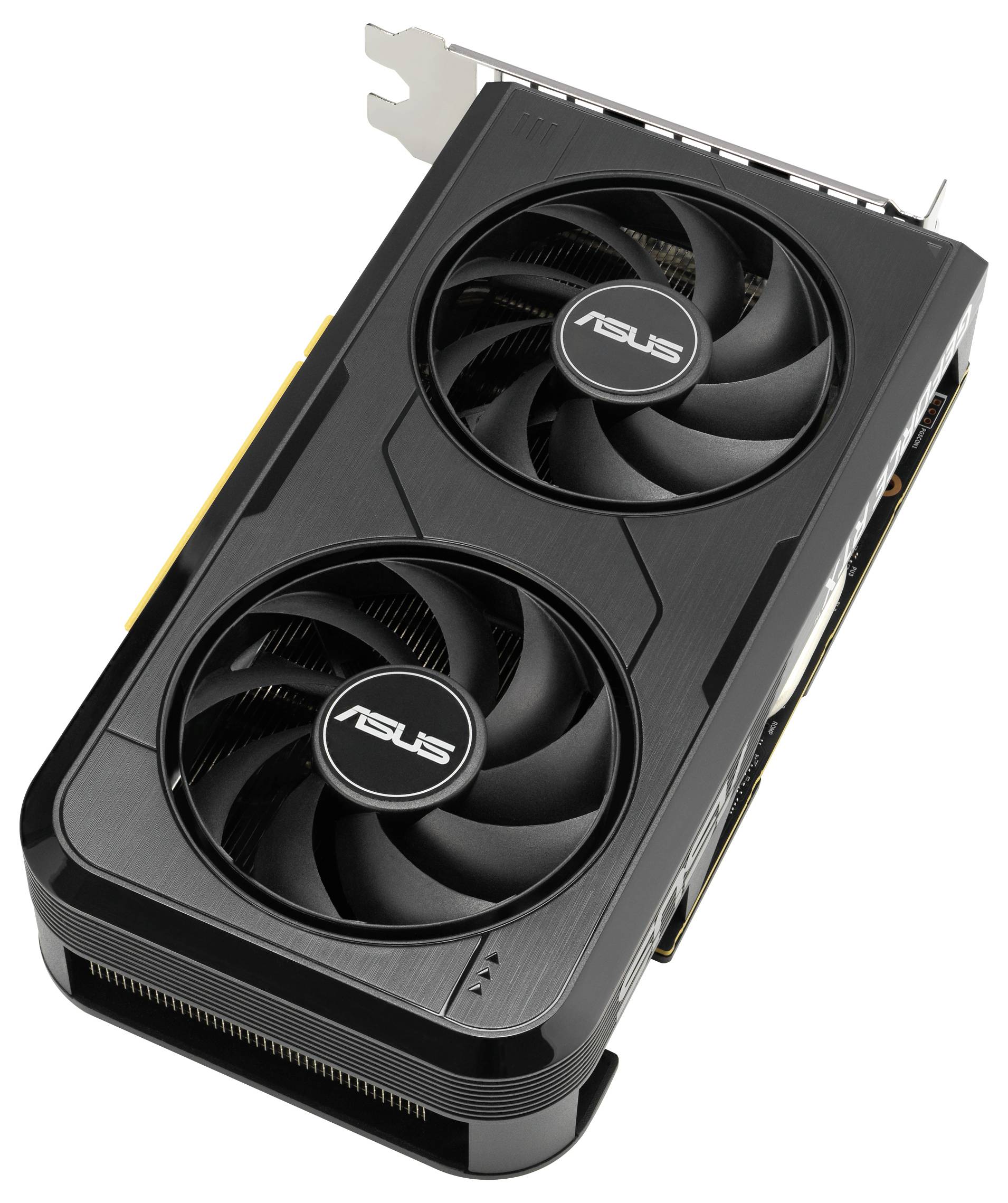 Une carte graphique ASUS noire équipée de deux grands ventilateurs de refroidissement, conçue pour améliorer les performances graphiques d'un ordinateur.