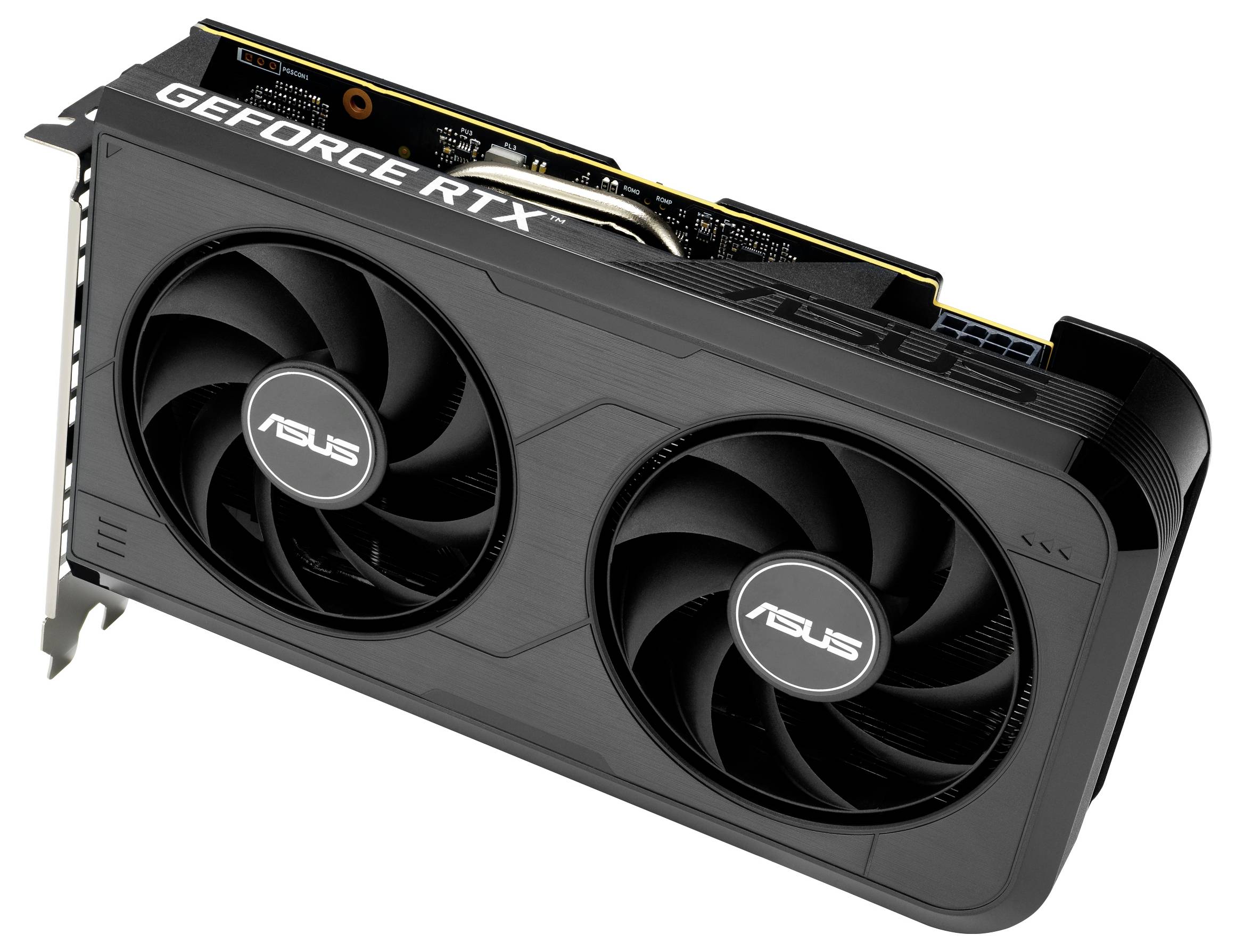 Une carte graphique ASUS GEFORCE RTX noire avec deux grands ventilateurs et un circuit imprimé visible, conçue pour le calcul haute performance.