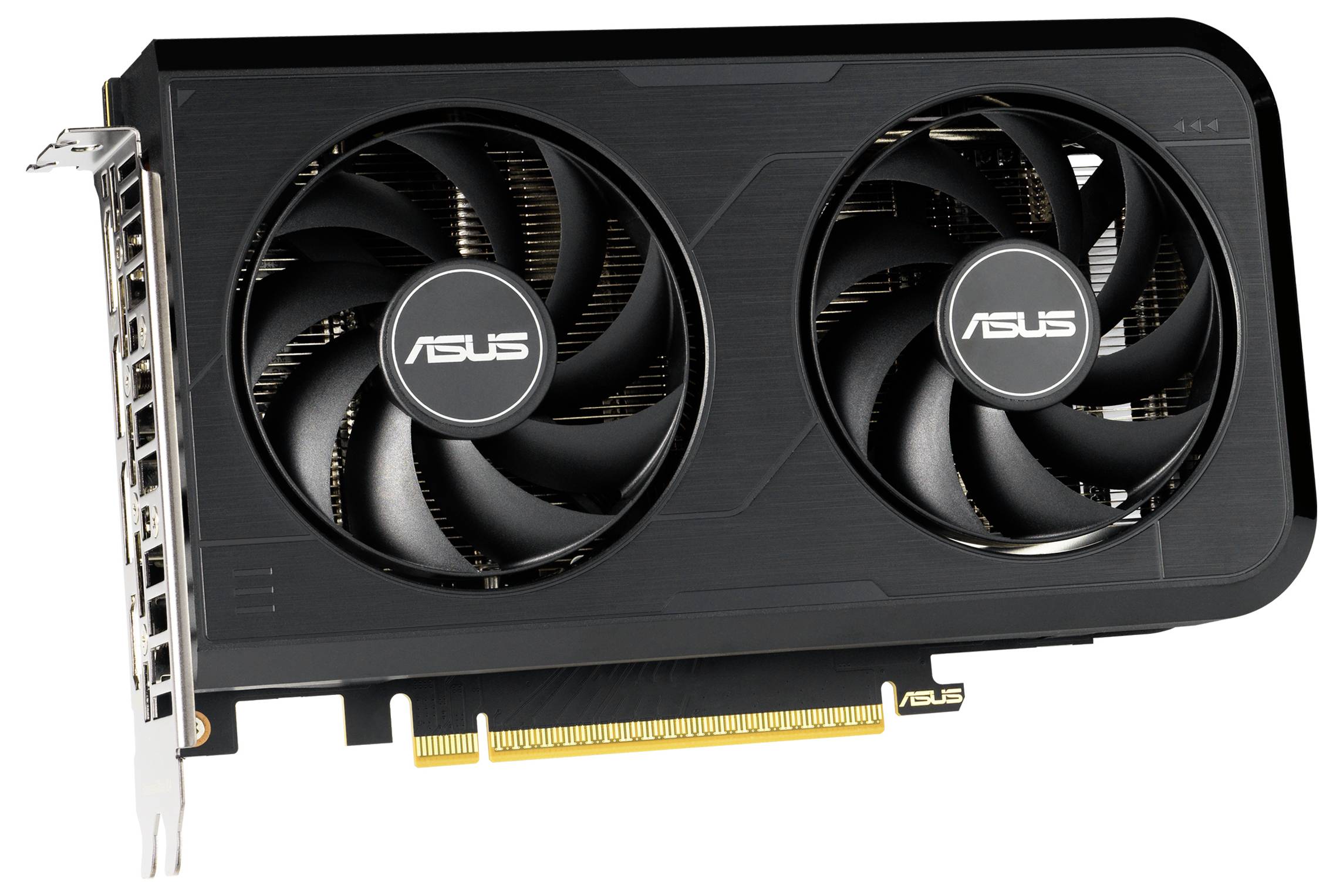 'Carte graphique ASUS avec deux ventilateurs de refroidissement, design noir, adaptée aux configurations informatiques haute performance et aux configurations de jeux.'