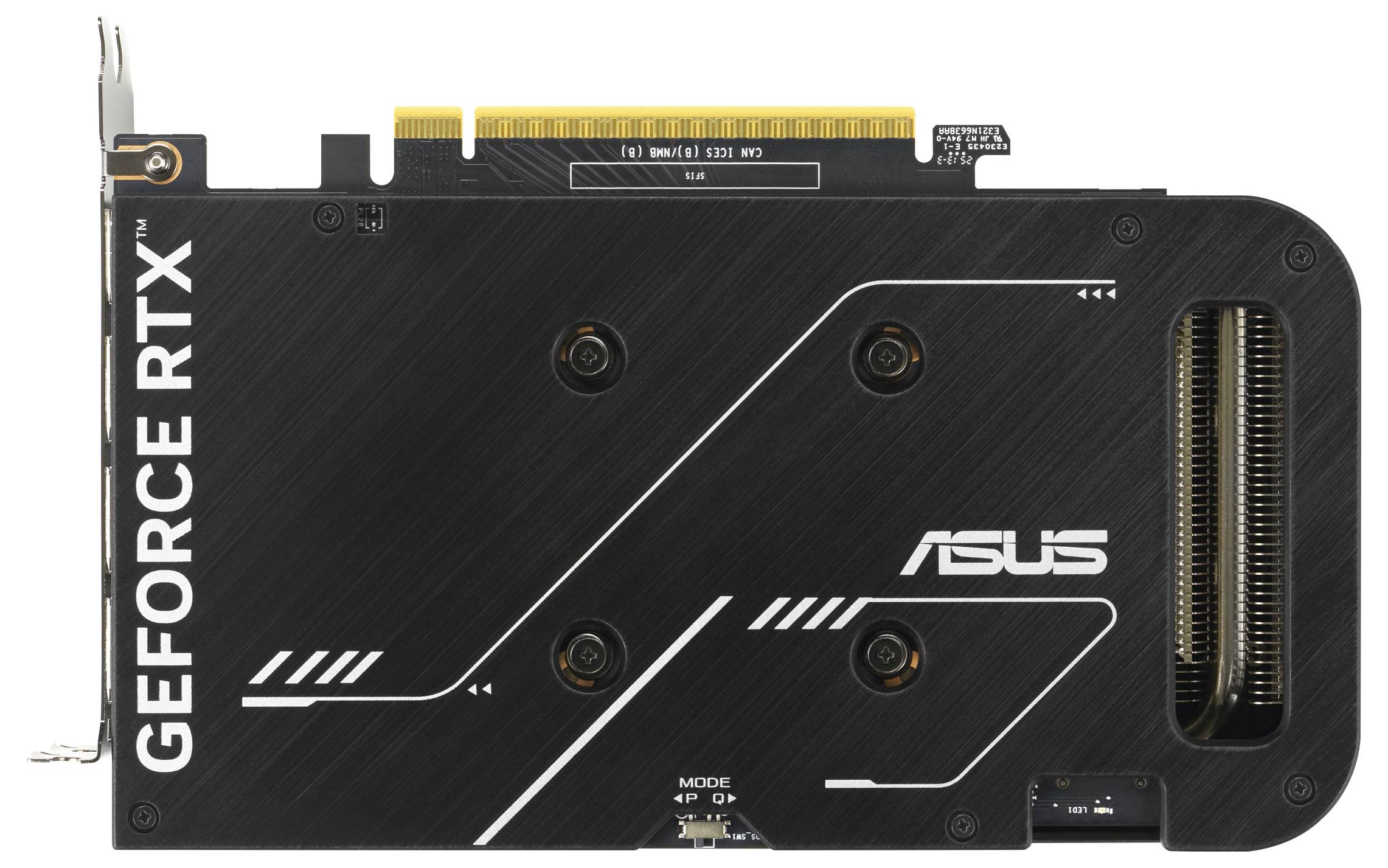 Une carte graphique avec les marques 'ASUS' et 'GEFORCE RTX', présentant un design noir et un connecteur PCIe doré visible sur le dessus.