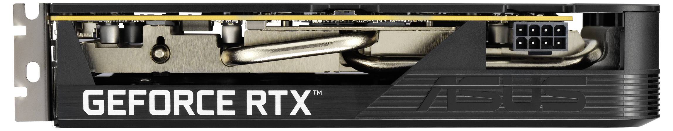 L'image montre une vue latérale d'une carte graphique Nvidia GeForce RTX, mettant en évidence ses connecteurs et les caloducs visibles.