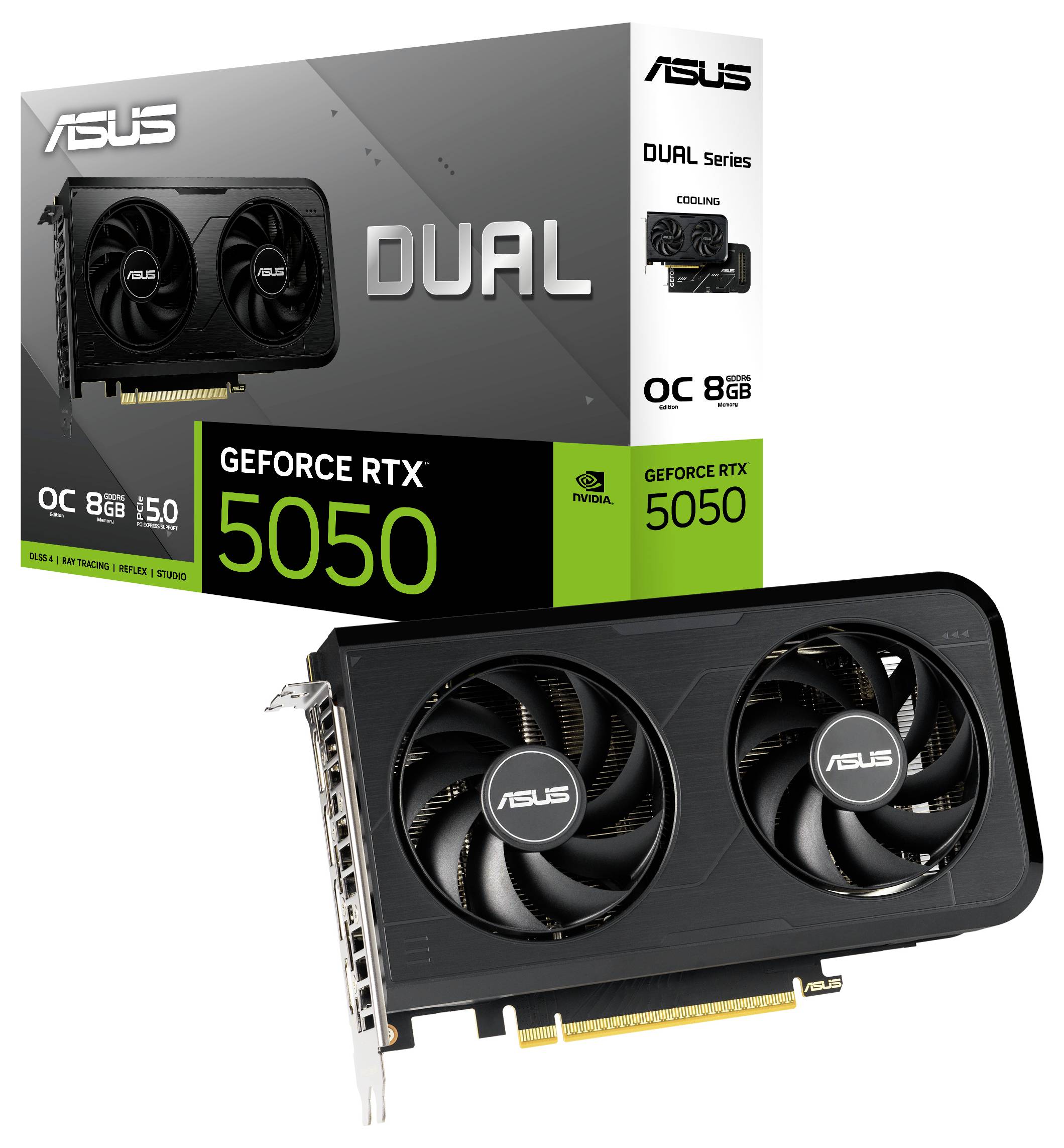 Carte graphique ASUS GeForce RTX 5050 Dual avec deux ventilateurs, présentée avec son emballage mettant en avant la mémoire '8 Go GDDR5' et les fonctionnalités de surcadençage.