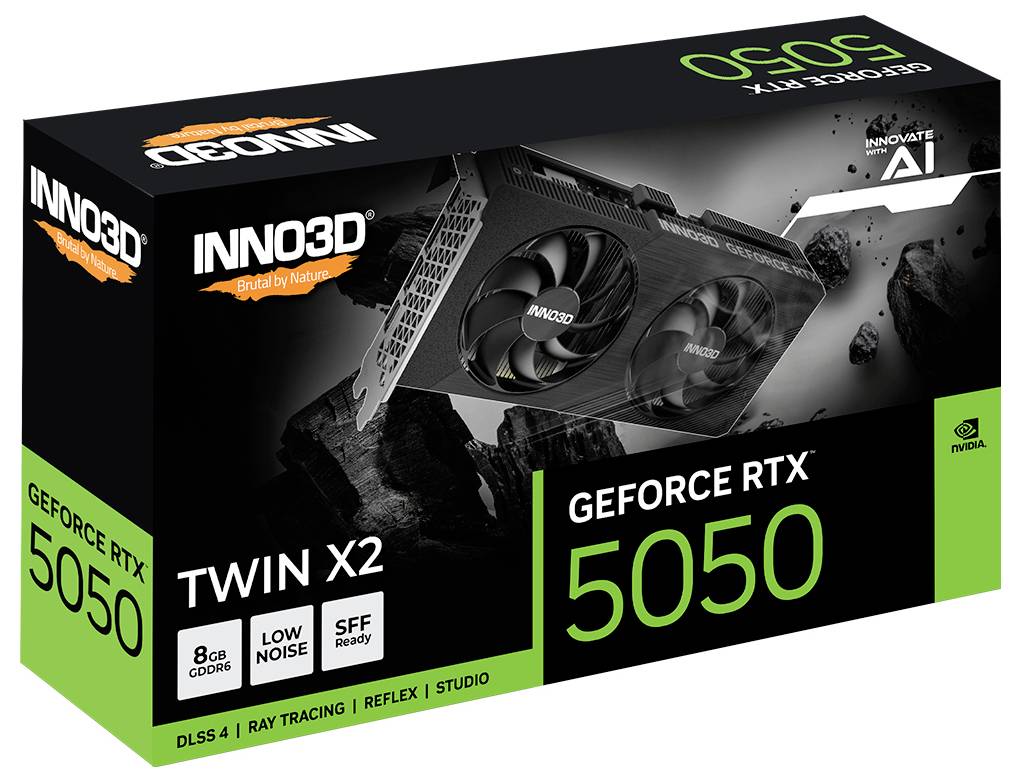 Boîte de carte graphique INNO3D GeForce RTX 5050 avec refroidisseur Twin X2, mémoire de 8 Go, intégrant DLSS 4, ray tracing et capacités d'IA.