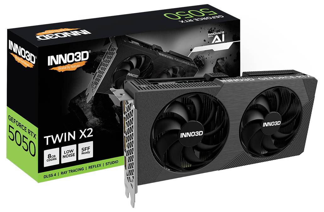 L'image présente une carte graphique INNO3D GeForce RTX 5050 Twin X2 avec sa boîte, mettant en avant des fonctionnalités telles que DLSS 4 et le ray tracing.