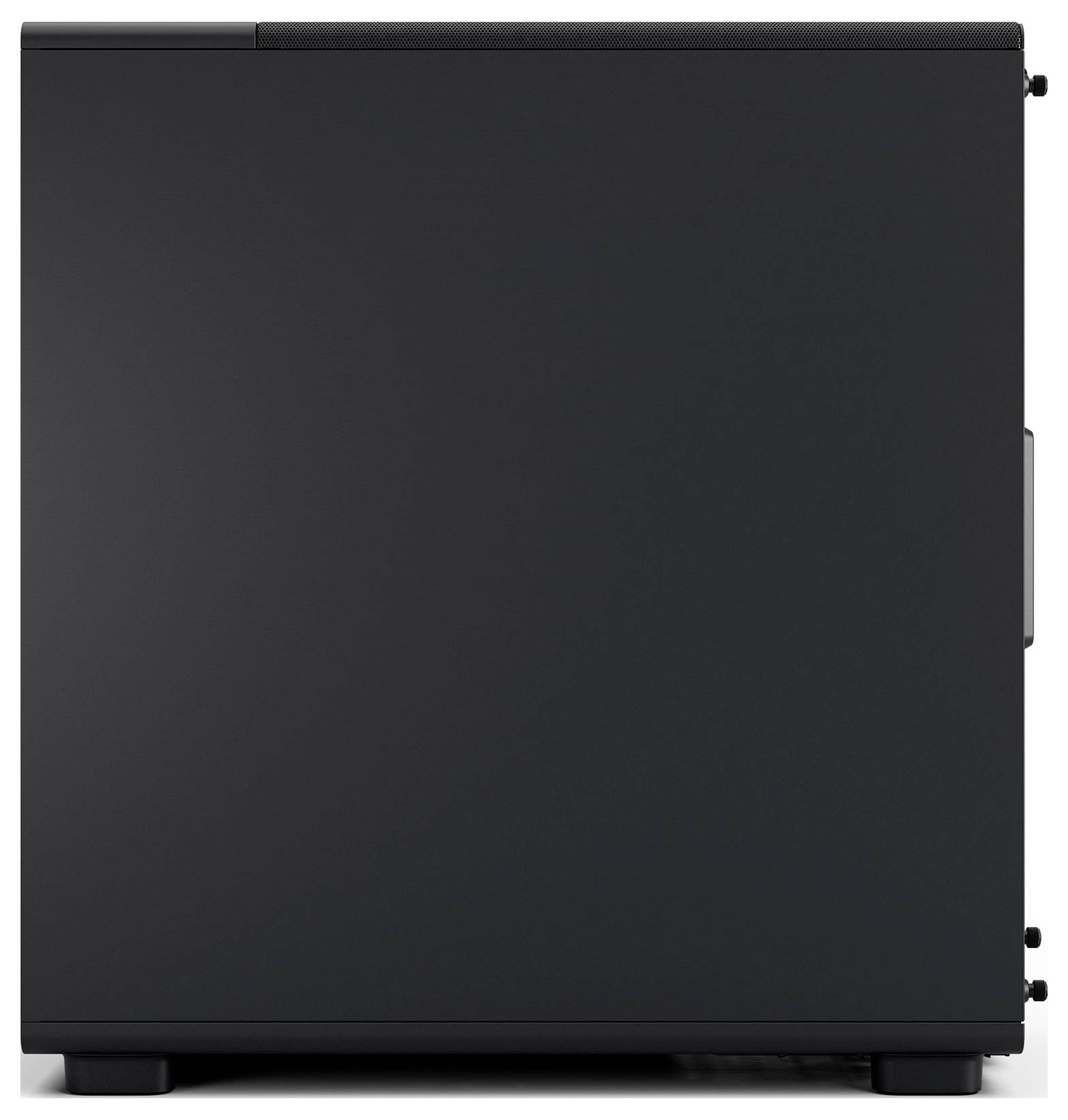 Un mini-réfrigérateur noir de forme carrée, à la surface lisse et avec une poignée latérale, vu de profil.