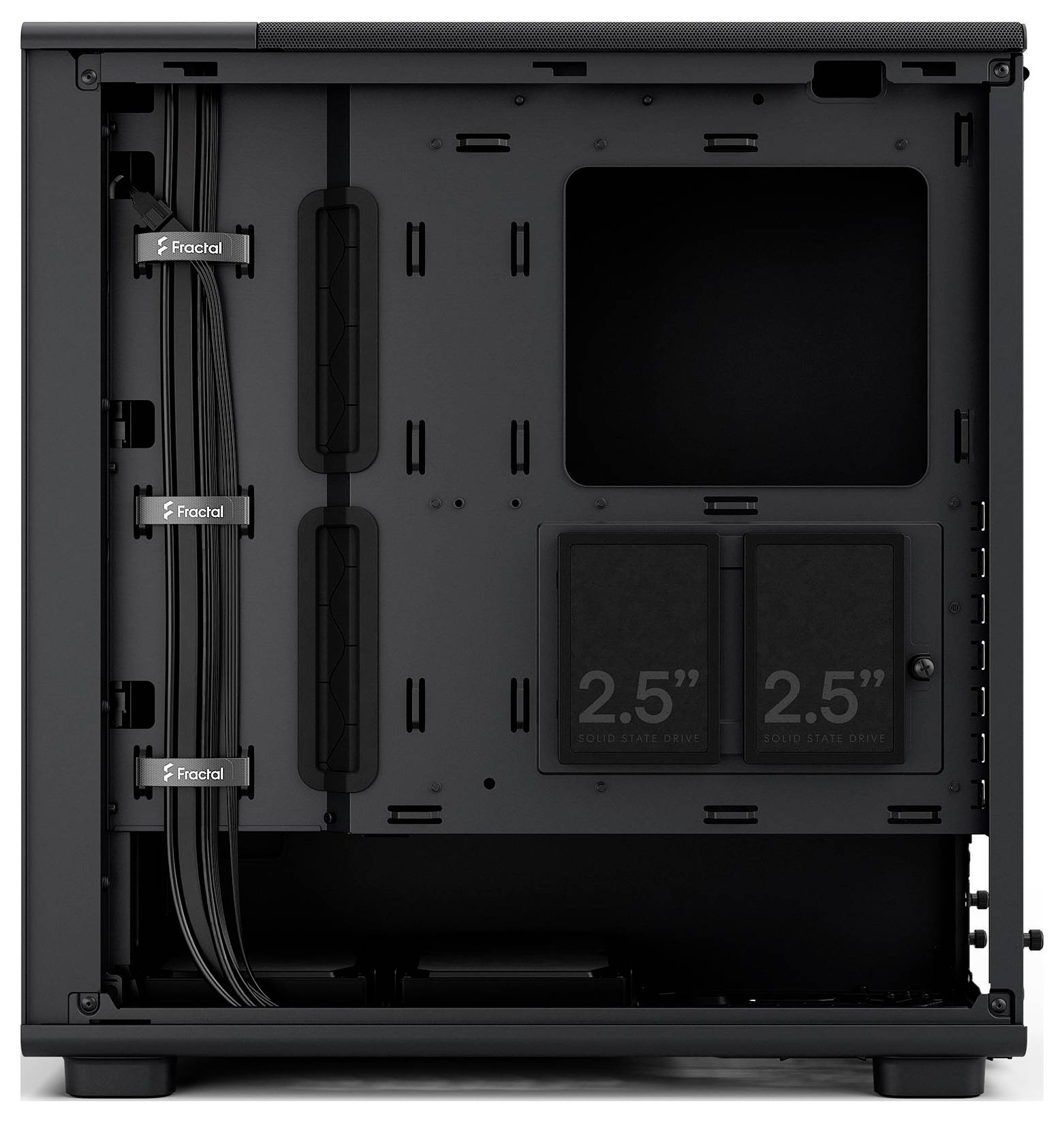 Vue latérale d'un boîtier d'ordinateur montrant des emplacements de montage pour des disques de 2,5 pouces, avec gestion des câbles à l'aide de sangles auto-agrippantes étiquetées Fractal, et l'intérieur vide.