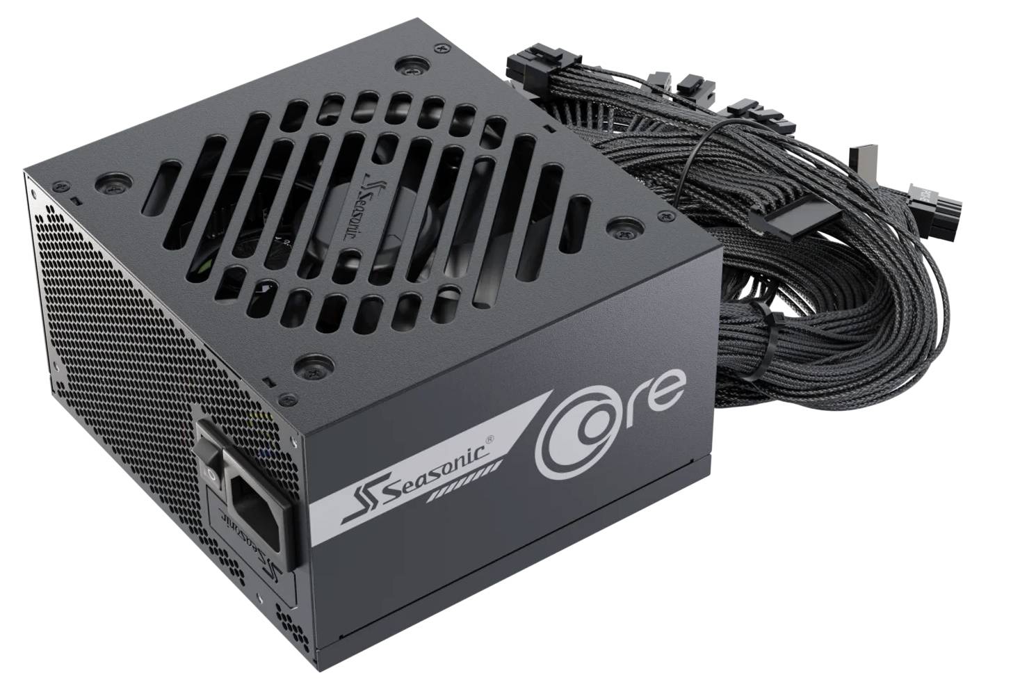 Bloc d'alimentation Seasonic série 'Core', avec connecteurs modulaires et câbles, adapté au montage de matériel informatique.
