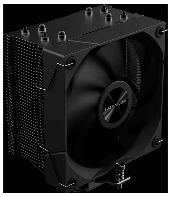 Un ventilateur de refroidissement noir avec des ailettes métalliques étroitement assemblées, probablement pour un ordinateur ou un appareil électronique, dont le nom de marque est visible au centre.