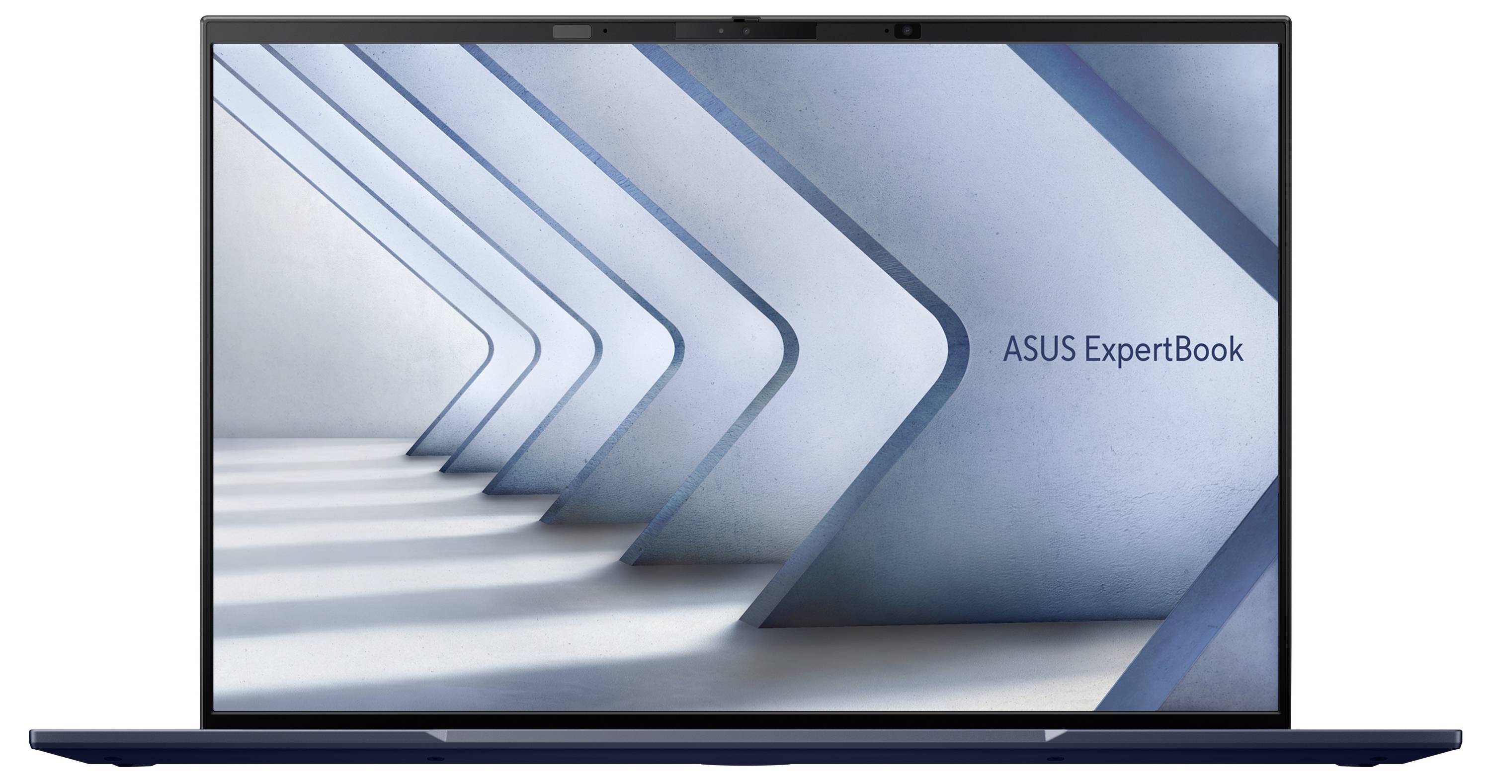Un ordinateur portable affichant un design géométrique d'arches bleues et blanches créant un effet de tunnel. L'écran affiche « ASUS ExpertBook ».