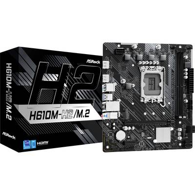 'Carte mère ASRock H610M-HDV/M.2 avec son emballage. Les caractéristiques comprennent plusieurs ports USB, des emplacements PCI et un chipset Intel, adaptée aux configurations de PC.'