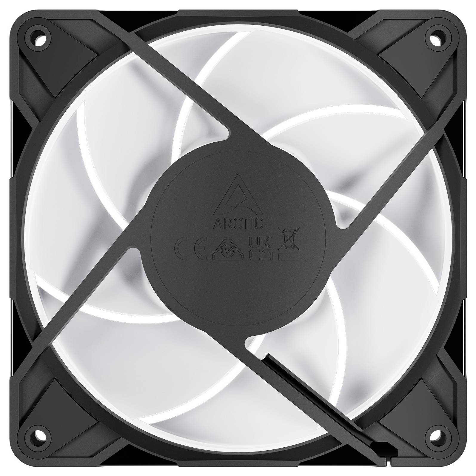 Un ventilateur de refroidissement pour ordinateur carré avec un cadre noir et des pales blanches, présentant un logo Arctic au centre.