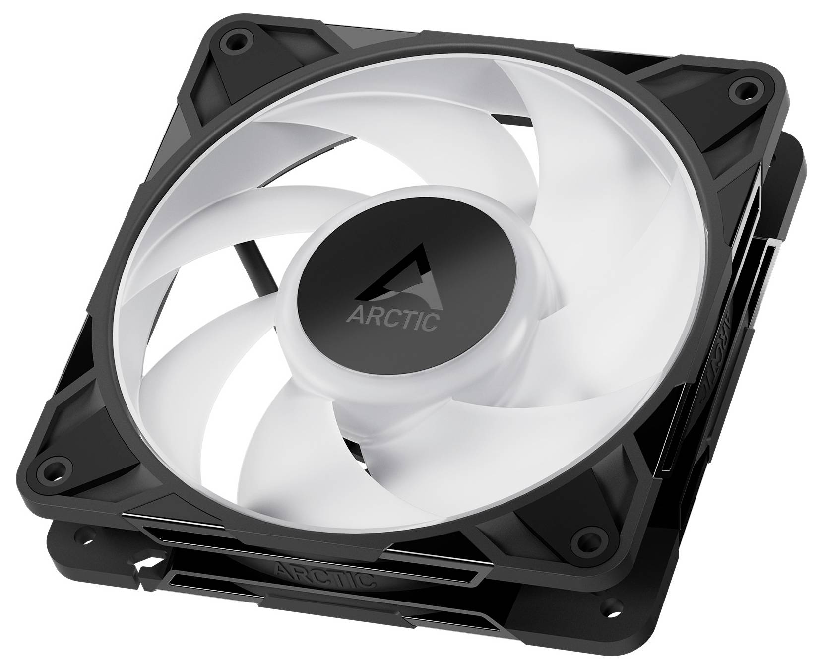 Un ventilateur d'ordinateur carré avec un cadre noir et des pales blanches, portant l'inscription « ARCTIC » au centre. Il est conçu pour refroidir les systèmes informatiques.