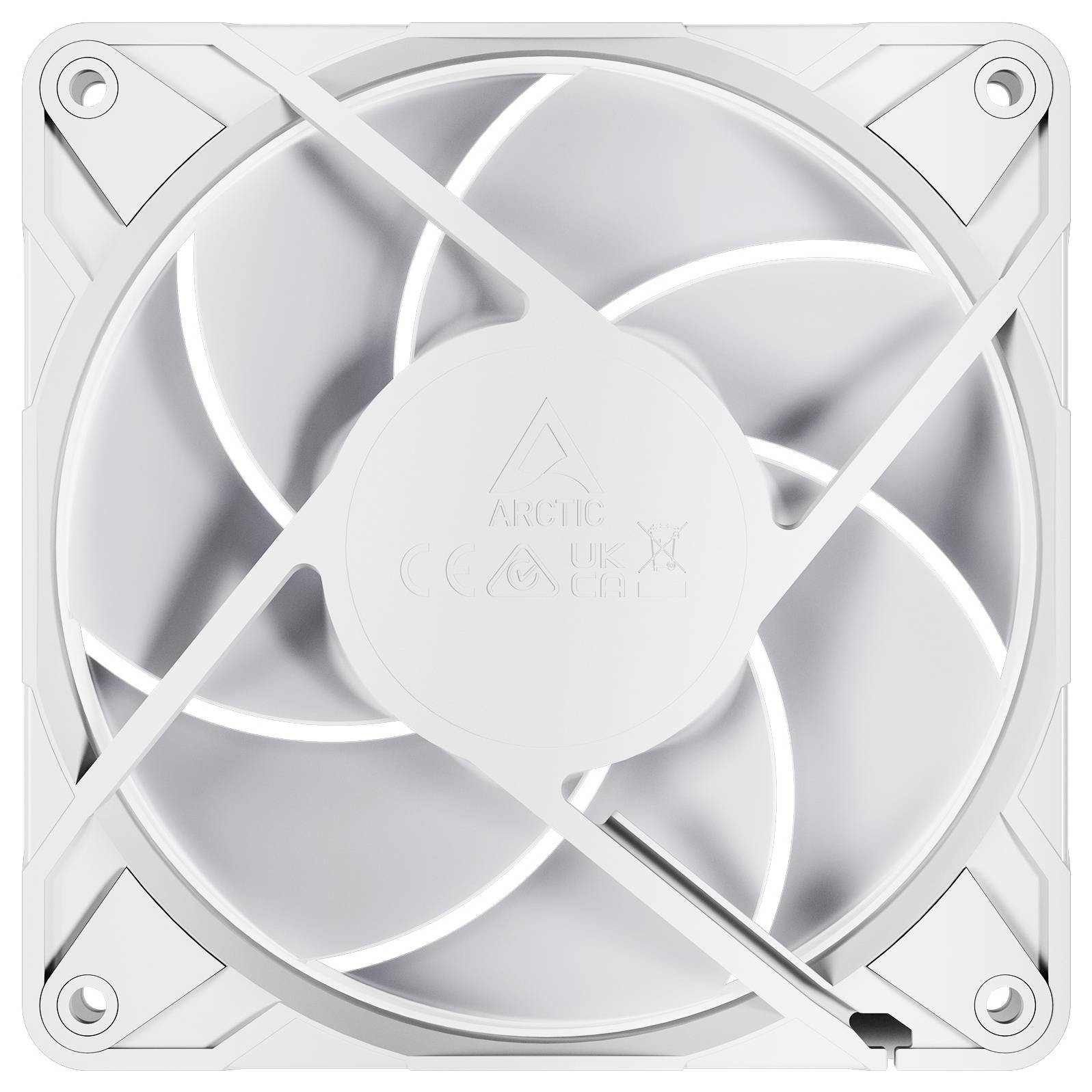 Un ventilateur de refroidissement blanc pour ordinateur, doté d'un moyeu central et de cinq pales à l'intérieur d'un cadre carré, avec des renforts diagonaux pour assurer sa stabilité.