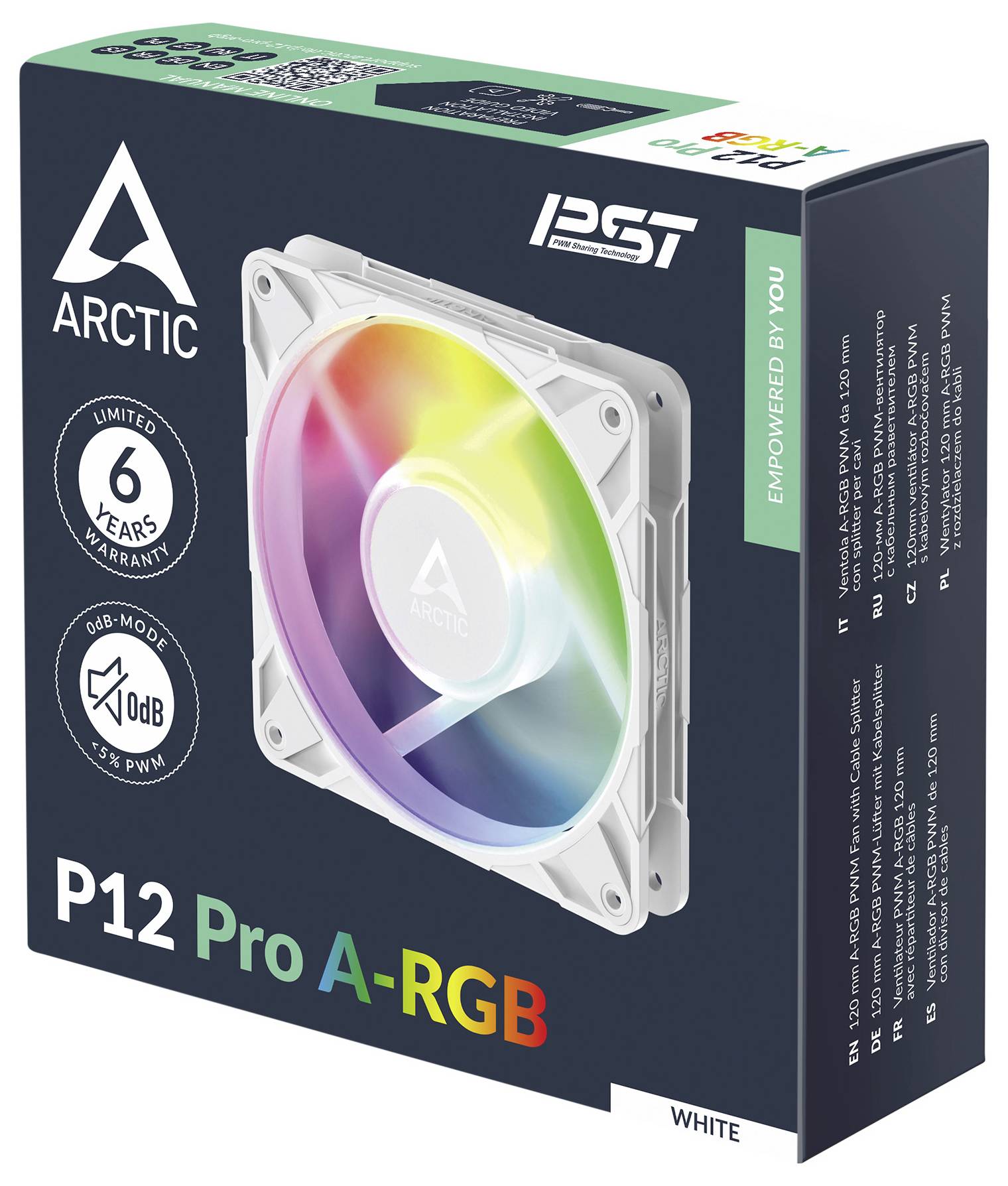 Ventilateur d'ordinateur 'Arctic P12 Pro A-RGB' avec image de ventilateur coloré, promouvant une garantie de 6 ans et un mode 0 dB. Modèle blanc.