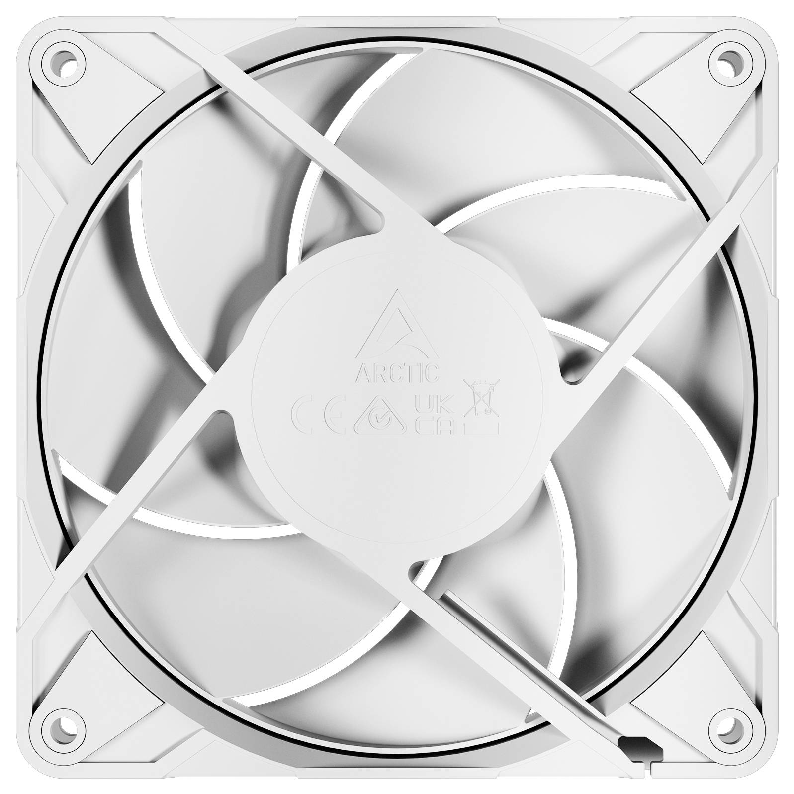 Un ventilateur de boîtier d'ordinateur carré blanc, montrant une vue de face des pales et du cadre, marqué du nom de la marque et des certifications de sécurité.