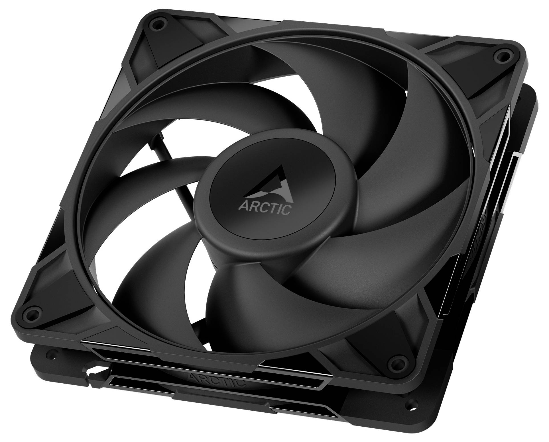 Un ventilateur de refroidissement noir pour ordinateur avec une conception de pale circulaire, monté dans un cadre carré, portant le logo « ARCTIC » au centre.