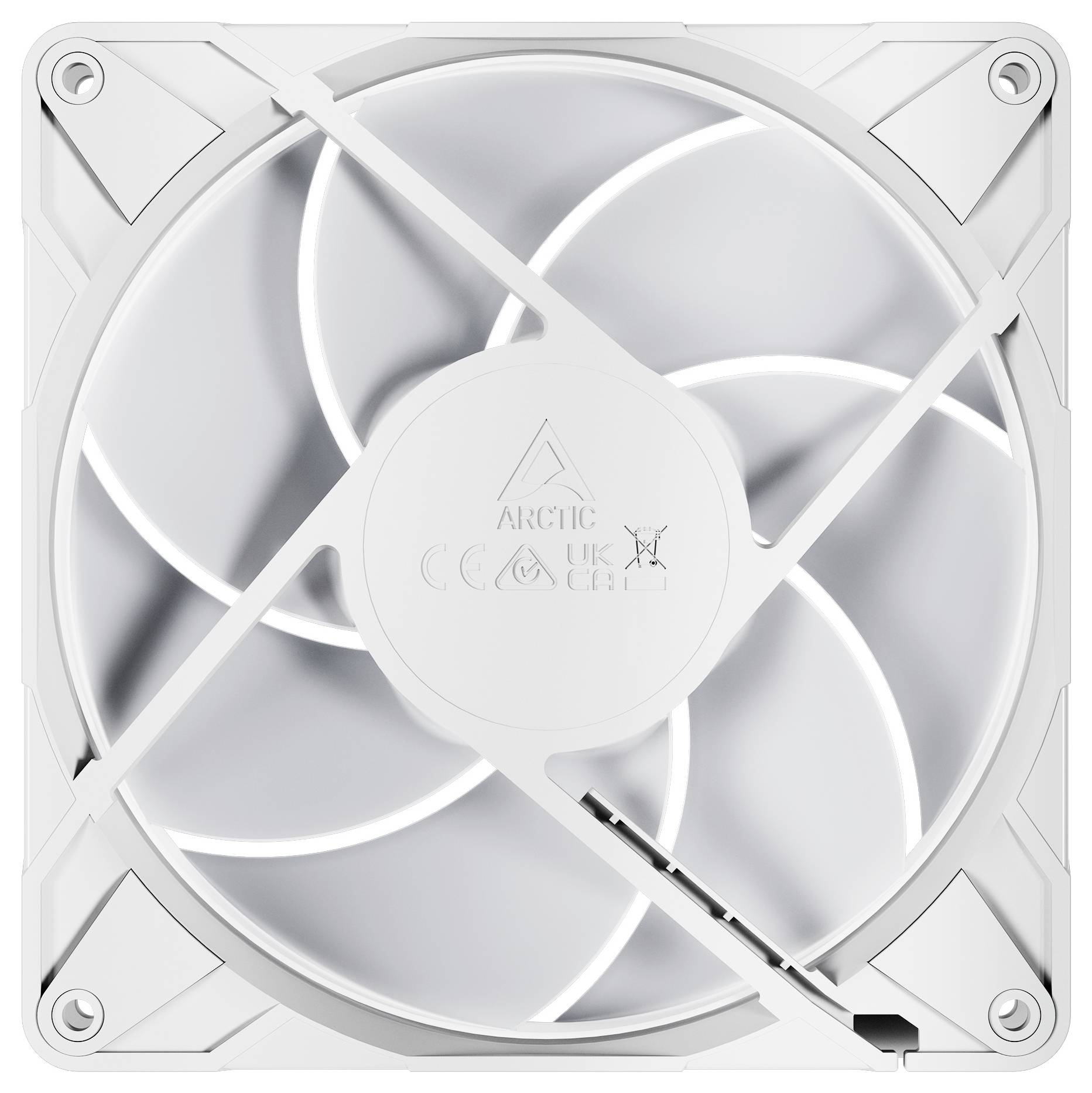 Un ventilateur d'ordinateur arctique blanc avec un design de lame circulaire est présenté, doté de pales incurvées et d'un moyeu central.