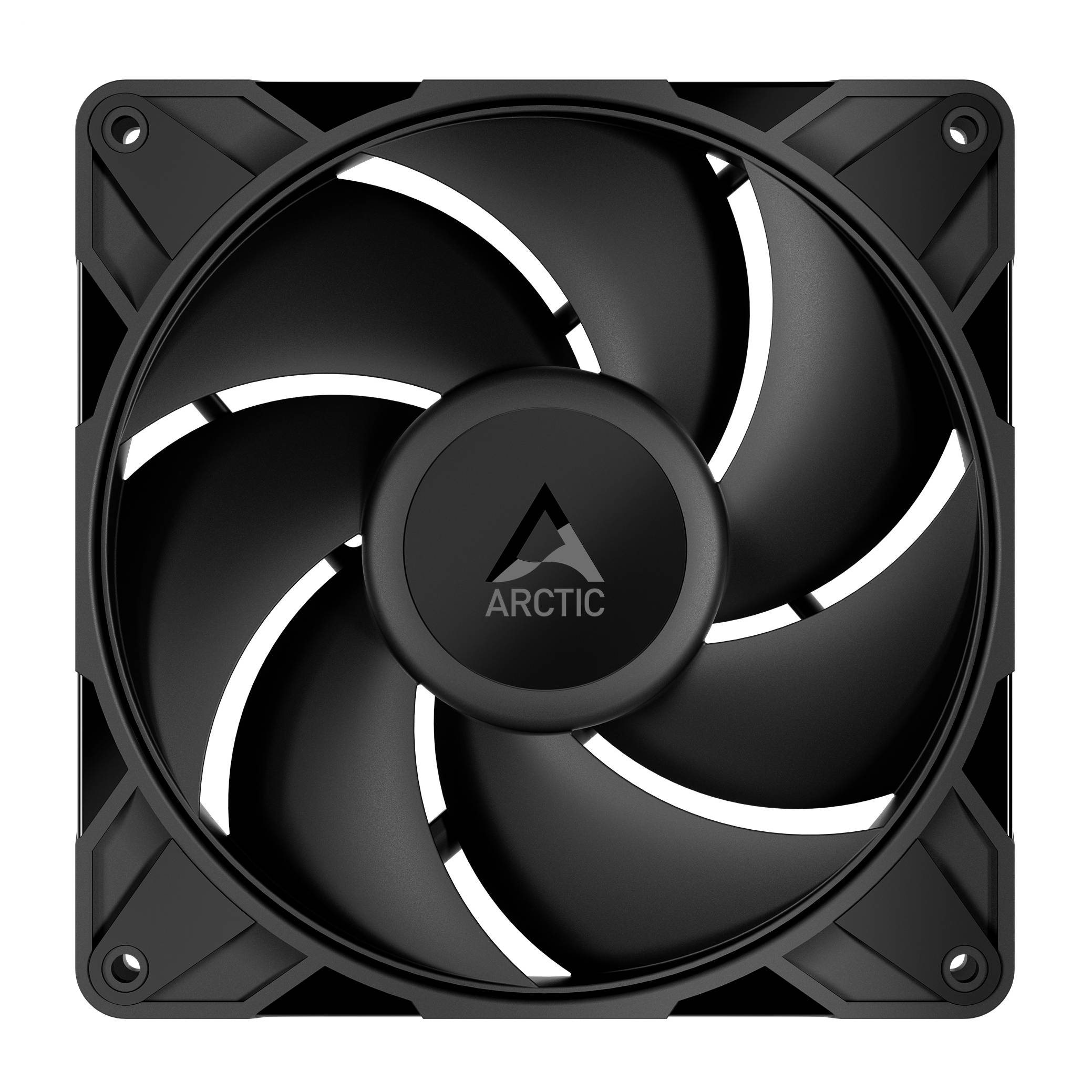 Un ventilateur de refroidissement carré noir pour ordinateur avec des pales incurvées. Le logo ARCTIC est imprimé au centre du ventilateur.