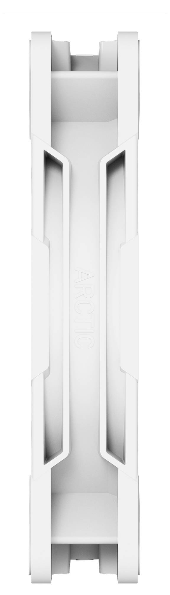 Un ventilateur blanc, orienté verticalement, vu de côté, mettant en valeur le carter des pales et la conception du châssis.