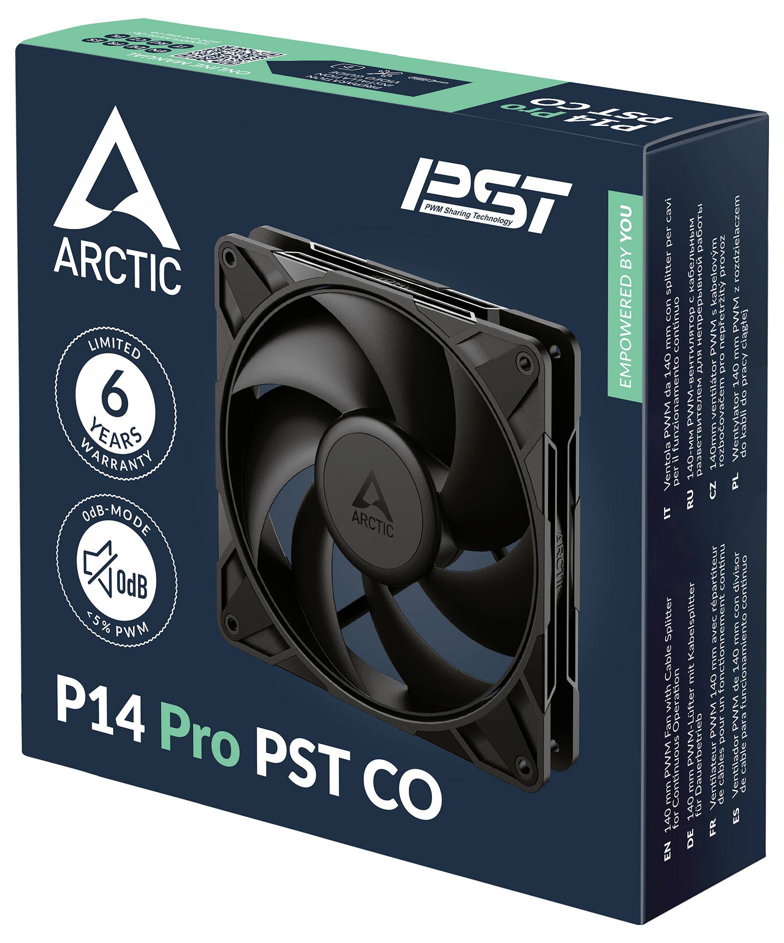 L'emballage de l'Arctic P14 Pro PST CO présente une image de ventilateur noir, mettant en avant des caractéristiques telles que « Garantie de 6 ans », « Mode 0 dB » et « 150-2000 tr/min ».