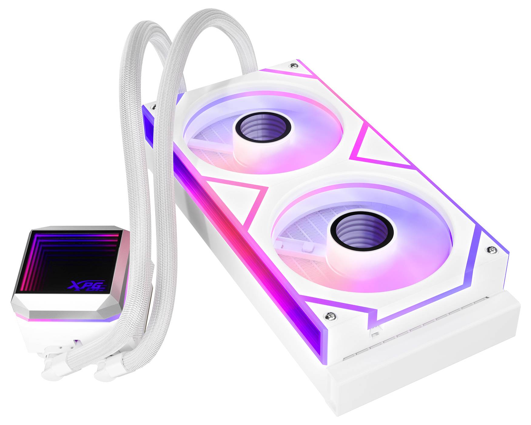 Refroidisseur de CPU liquide avec deux ventilateurs à éclairage RVB et tube blanc, conçu pour le refroidissement des ordinateurs.