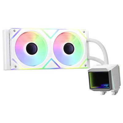 Un refroidisseur liquide pour processeur avec deux grands ventilateurs colorés à LED et un bloc rectangulaire portant l'étiquette 'XPG', reliés par des tubes blancs.