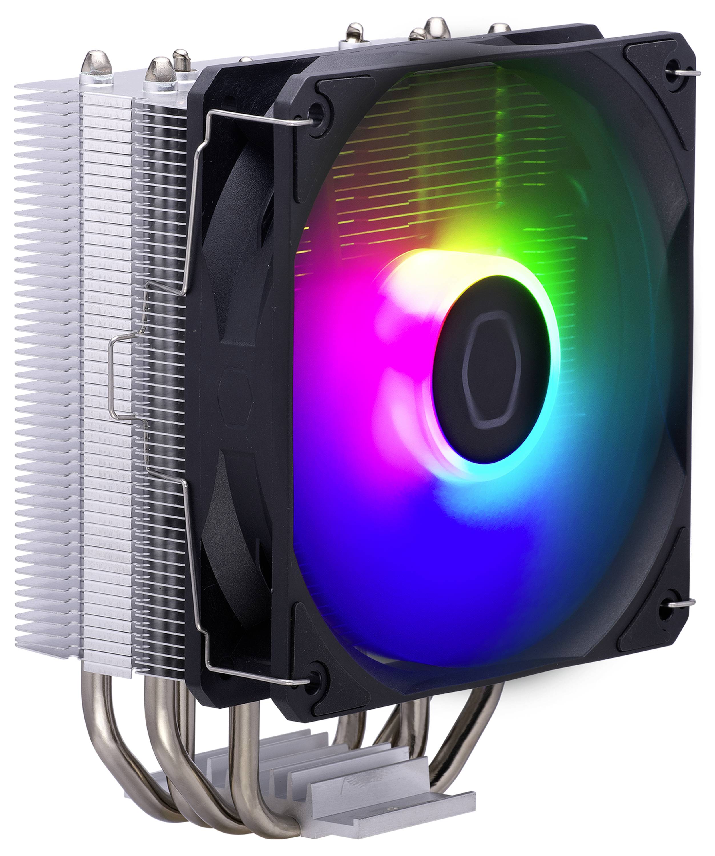 Un refroidisseur de CPU d'ordinateur avec un ventilateur qui affiche une lumière LED arc-en-ciel. Quatre caloducs sont visibles, et l'unité est conçue pour un refroidissement efficace.