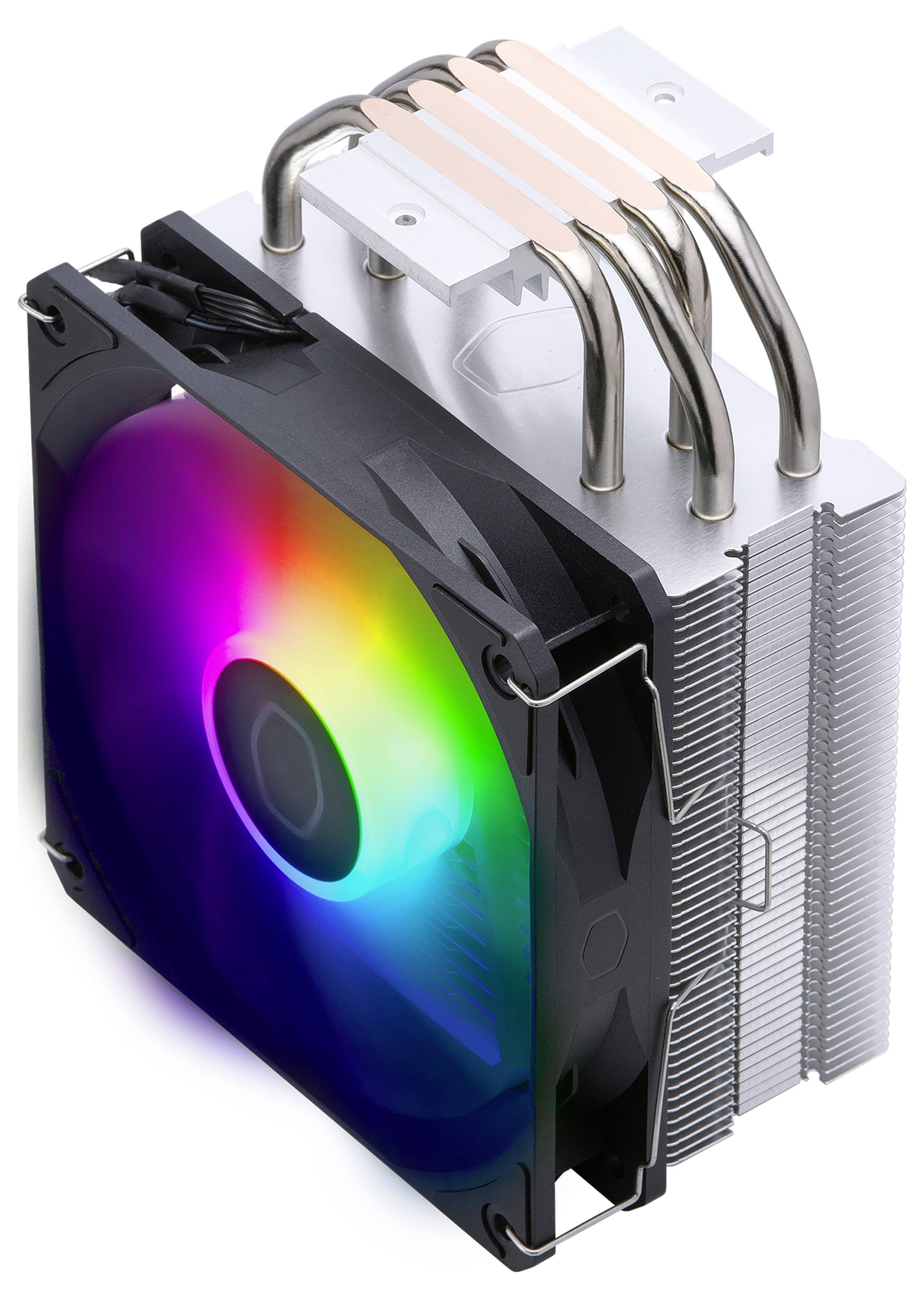 Un refroidisseur de processeur doté d'un ventilateur avec éclairage RVB et plusieurs caloducs. La conception est compacte, adaptée pour améliorer l'efficacité du refroidissement.